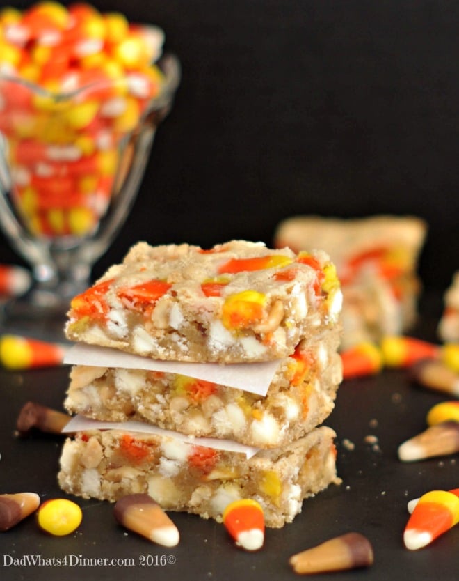 If you are craving a PayDay Candy Bar then you will love my Peanut Butter Candy Corn Blondie Bars. Great way to use up leftover Halloween candy.