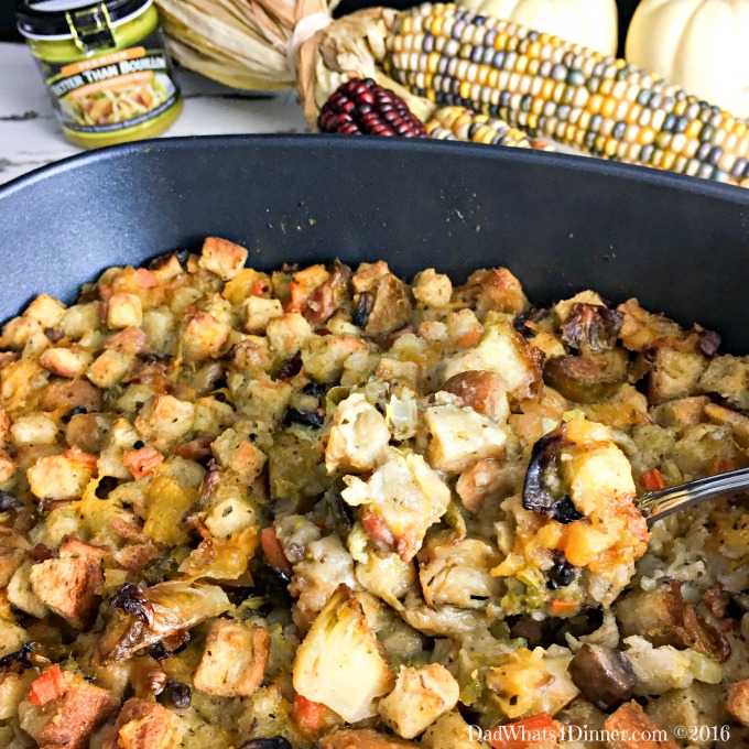 This Thanksgiving try a new twist on stuffing with this Bread Stuffing with Butternut Squash and Brussels Sprouts. Lots of veggies and full of flavor!