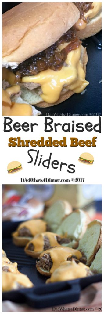 msg 4 21+: Beer Braised Shredded Beef Sliders are the best non-traditional slider you will ever have. Slow cooked beef, beer cheese, caramelized onions on a soft slider bun. #ad #BeersAndBuns @krogerco #pepperidgefarm #warsteinerusa 