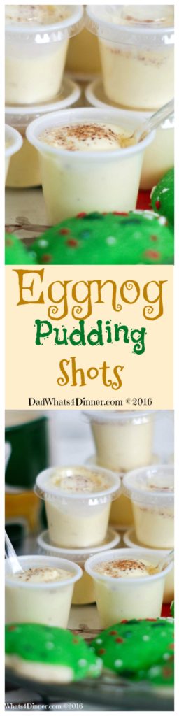 Santa doesn't want milk and cookies this year he wants my Eggnog Pudding Shots. The classic Holiday drink transformed into a creamy adult treat with the hint of ruin and spice.