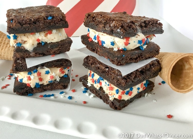 These Ghirardelli Brownie Ice Cream Sandwiches is the perfect treat for summer. Decadent triple chocolate brownies stuffed with cool vanilla ice cream!
