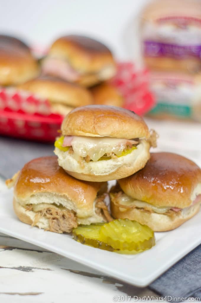 When you want a change from the ordinary hamburger slider, try these Instant Pot Cuban Sliders, sure to be a game day winner. All the flavor of a great Cuban including fall off the bone pork shoulder, ham, swiss cheese, pickles, mustard, on a Pepperidge Farm® soft slider bun. 