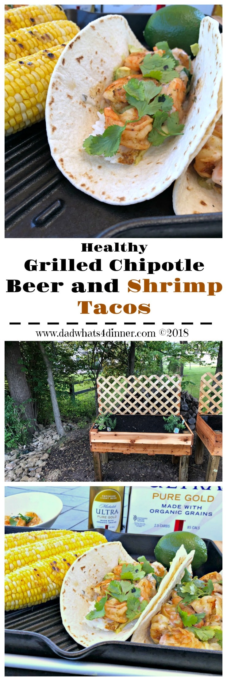 These healthy Grilled Chipotle Beer and Shrimp Tacos with avocado and rice are full of smokey spicy flavor and perfect for a light lunch when working outdoors in the summer. www.dadwhats4dinner #ad #Grilled #shrimp #grilling #foilpackcooking #healthy #avocado #beer #liveULTRA