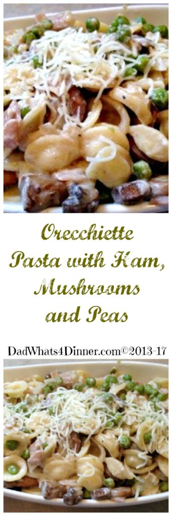 Orecchiette Pasta with Ham, Mushrooms and Peas can be served as either a main dish or a wonderful side for grilled pork chops or chicken. Simple and loaded with flavor!