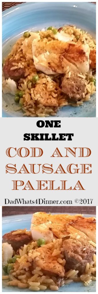 One Skillet Cod and Sausage Paella is a 40 minute dish, start to finish. Perfect for a Lenten meal just leave out the chorizo and add shrimp with the cod.