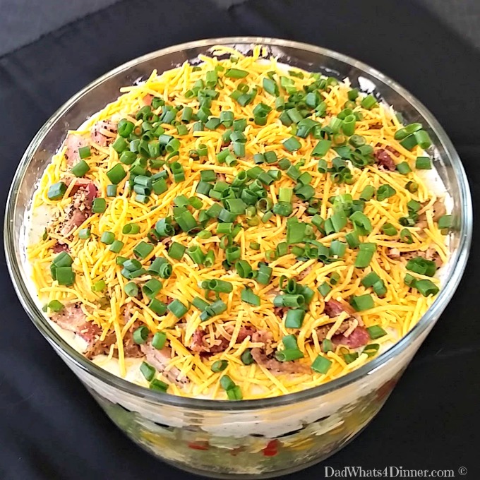 My Cornbread Salad is a loaded layered salad made with my awesome Green Chile Bacon Cornbread.