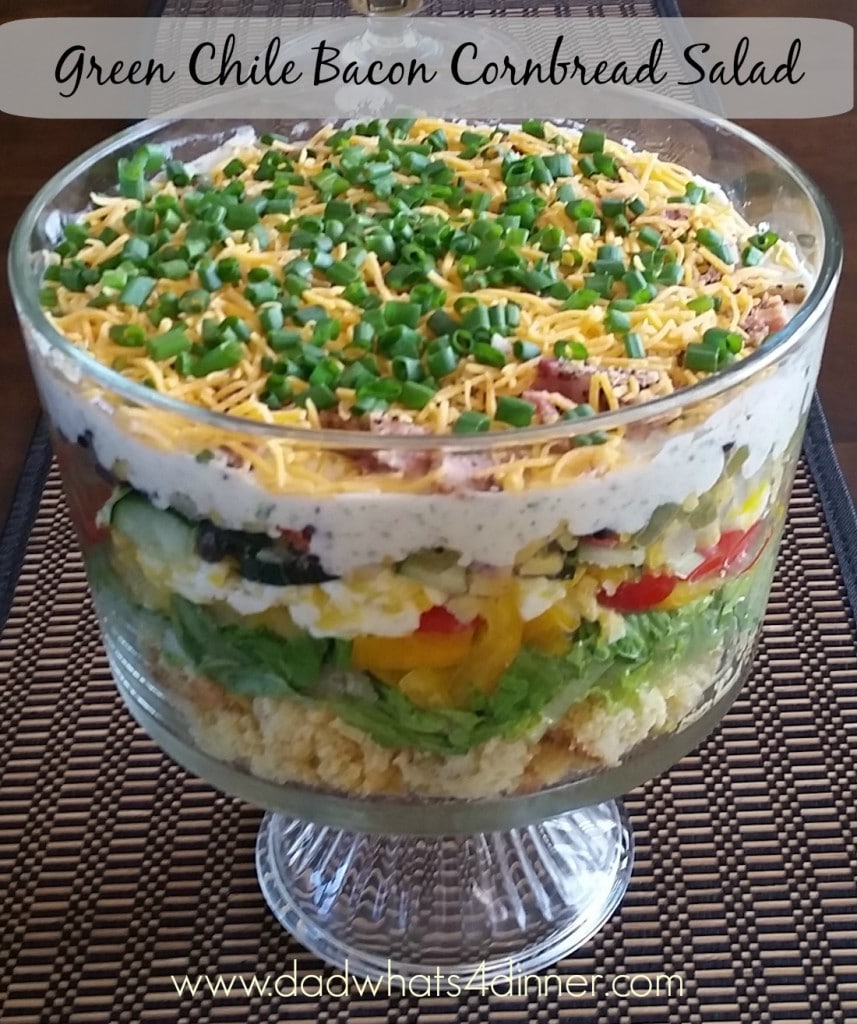 My Cornbread Salad is a loaded layered salad made with my awesome Green Chile Bacon Cornbread.