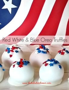 Here is your last-minute treat to bring to the cookout. Red, White and Blue Oreo Truffles: a quick, no bake, easy dessert, that looks great. www.dadwhats4dinner.com