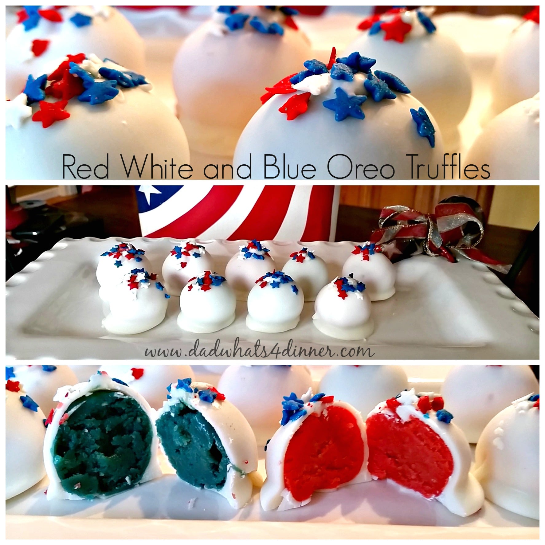 These Red White and Blue Oreo Truffles are a quick, no bake, easy dessert, for the summer cookout season.