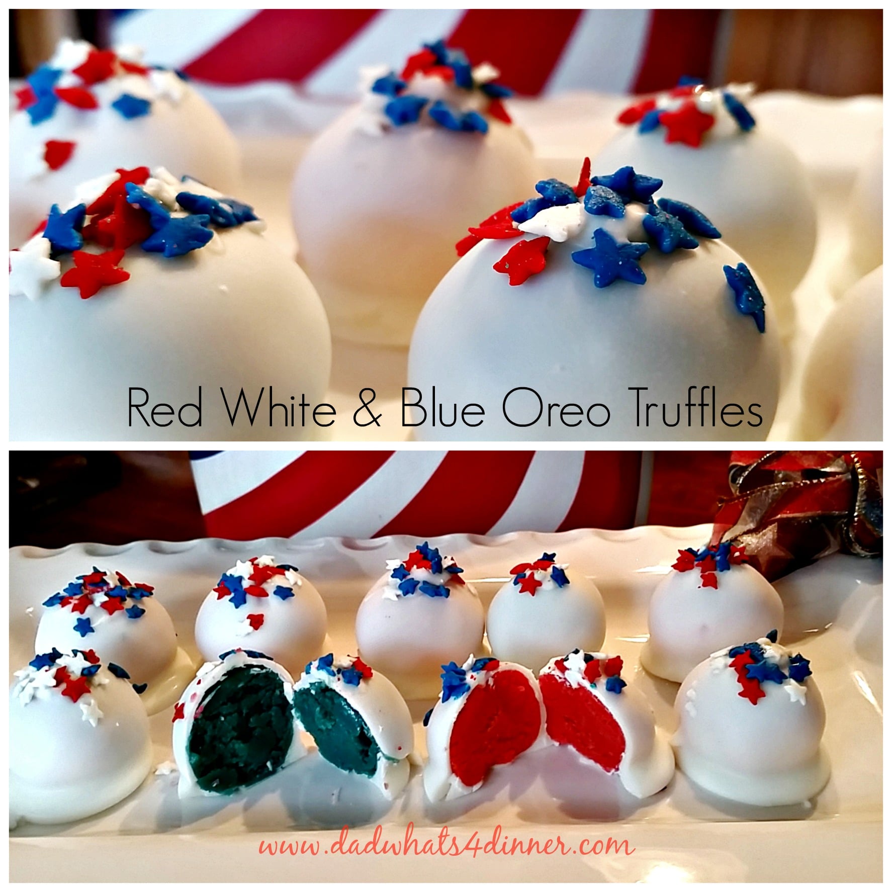 These Red White and Blue Oreo Truffles are a quick, no bake, easy dessert, for the summer cookout season.