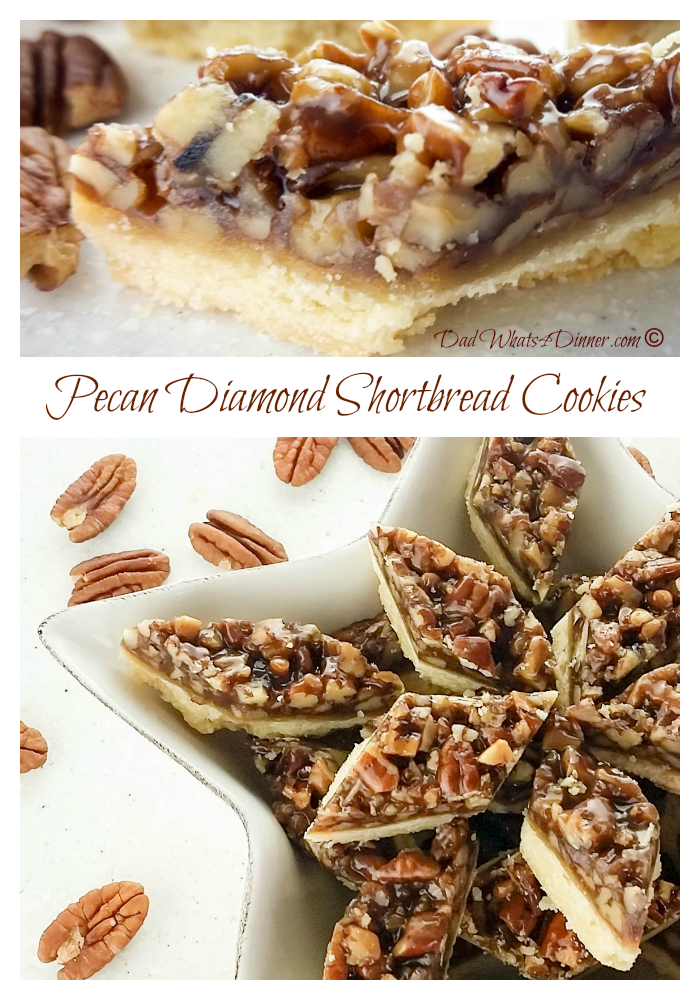 If you like pecan pie you will fall in love with these Pecan Diamond Shortbread Cookies. Great combination of shortbread crust and chewy pecan topping. #Christmas #pecan #shortbread www.dadwhats4dinner.com