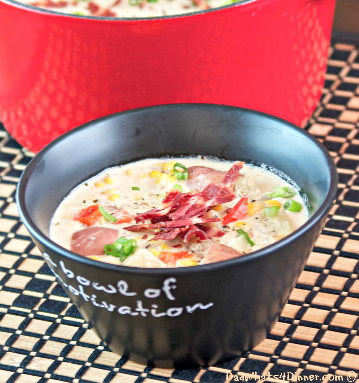 Corn Potato Bacon Chowder is a healthy version of the classic corn chowder. Bonus you can it in the slow cooker. Healthy and easy! 