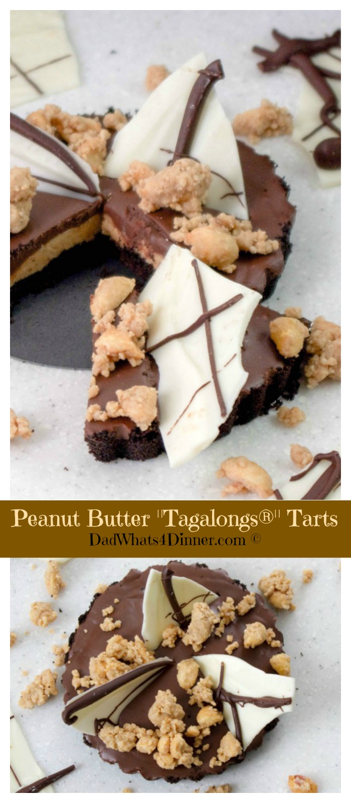Are Girl Scouts Tagalongs® cookies one of your faves? You are going to love these Peanut Butter Tarts -- chocolate crust, peanut butter filling, topped with white chocolate bark and peanut butter crumbles!