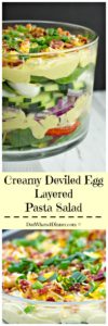 The dressing in my Creamy Deviled Egg Layered Pasta Salad has to be the best dressing I think I have ever made. Creamy, eggy, tangy and bold!