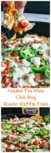 Be prepared for Race Day with my Loaded Tex Mex Chili Dog Queso Waffle Fries. Chili dogs meats queso fries