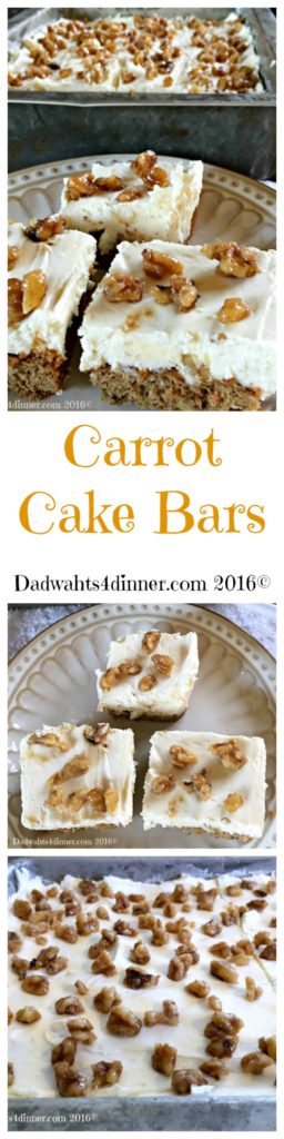 I don't know of a better way to get your veggies than in these scrumptious Carrot Cake Bars with Cream Cheese Frosting. Simple and delicious!