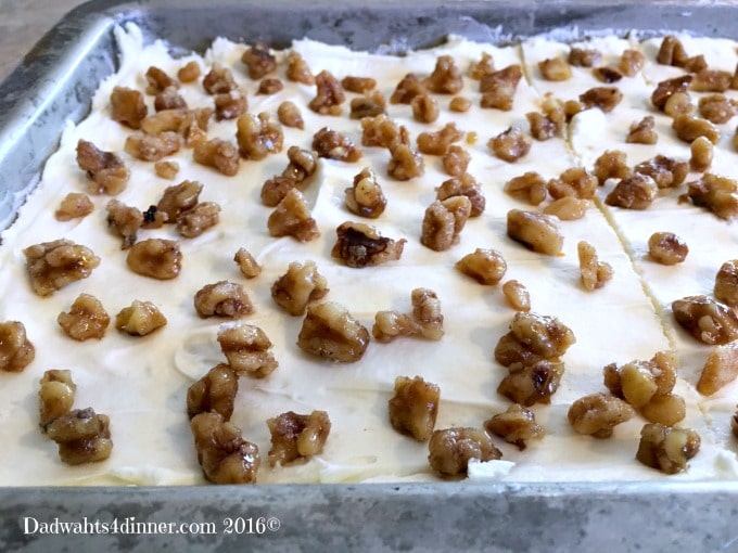 Pan of Carrot Cake Bars with Cream Cheese Frosting. Simple and delicious!