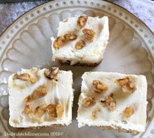 I don't know of a better way to get your veggies than in these scrumptious Carrot Cake Bars with Cream Cheese Frosting. Simple and delicious!