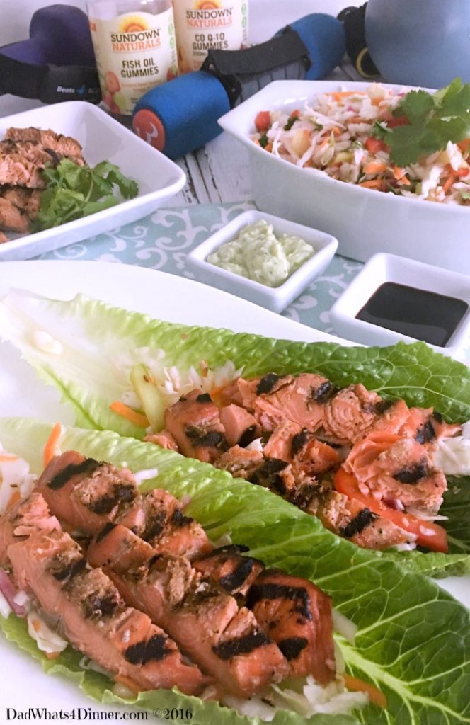 Getting Healthy with my Grilled Salmon Lettuce Wraps, exercise and Sundown Natural's Gummies!