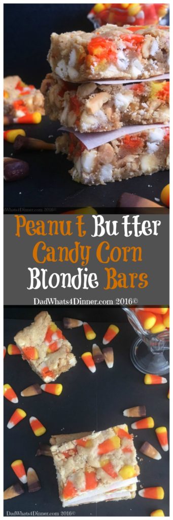 If you are craving a PayDay Candy Bar then you will love my Peanut Butter Candy Corn Blondie Bars. Great way to use up leftover Halloween candy.
