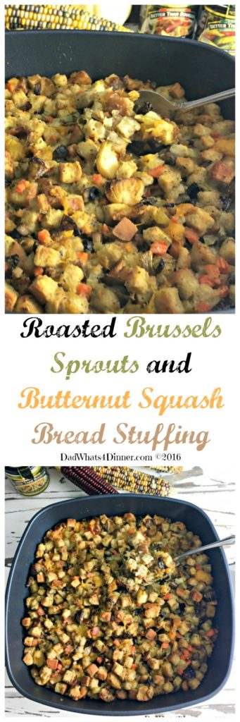 This Thanksgiving try a new twist on stuffing with this Roasted Brussels Sprouts and Butternut Squash Bread Stuffing. Lots of veggies and full of flavor! #makemealsbetter #ad @BTBouillon #swissdiamond