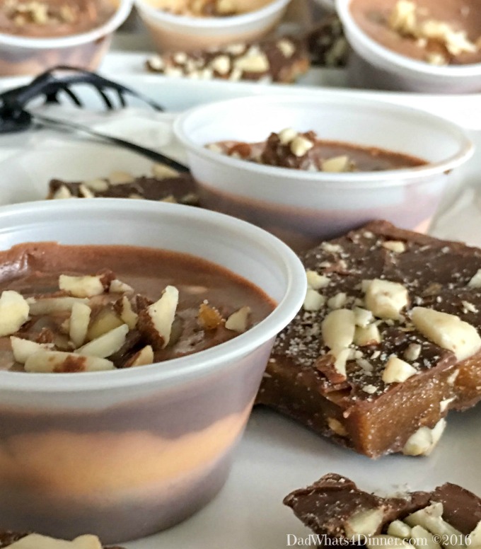 These Toffee Pudding Shots combine the flavors of sweet buttery flavor of caramel toffee with layers of chocolate. almonds and some Christmas cheer.