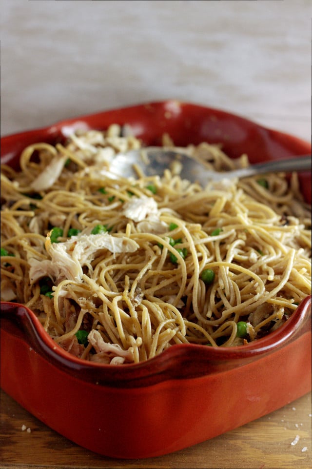 Have you ever forgotten to take something out for dinner?! It’ s like pure panic sinks into your heart and you do a mental scrounging of our kitchen to see if there is something that you could possibly throw together that might appease the hungry hoard waiting for you at home. My recipe for my Chicken and Pea Tetrazzini with mushroom sauce is super easy to make and eat. One thing that makes this so easy is by buying a rotisserie chicken.