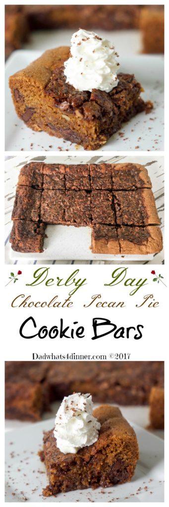 These luscious Derby Day Chocolate Pecan Pie Cookie Bars is the perfect bite size, easy to serve treat for your Derby Day party guests. #recipe #dessert #cookie bars #Derby #Pecan Pie www.dadwhats4dinner.com