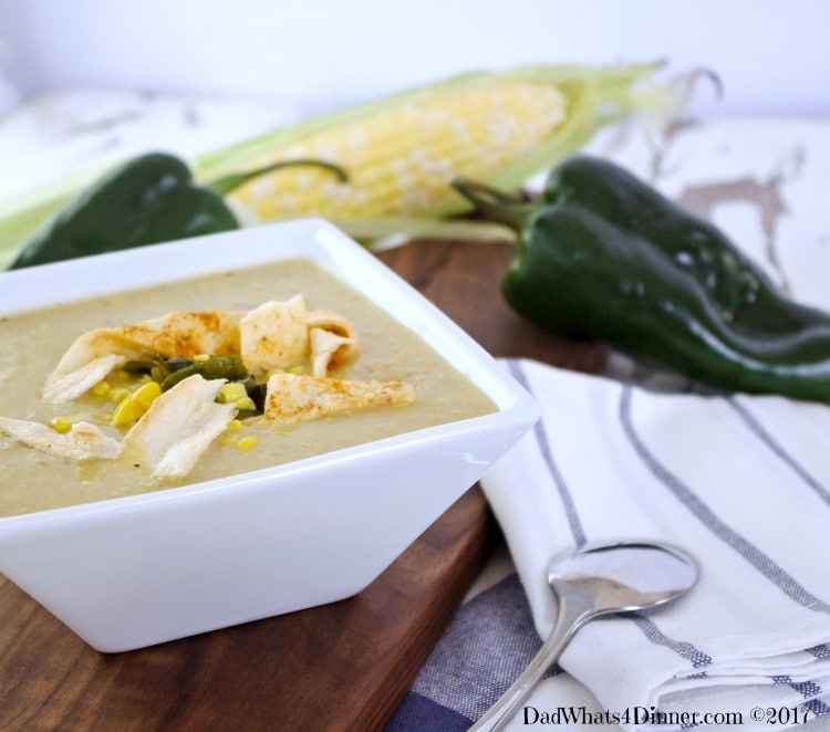 This Roasted Poblano and Corn Chowder a great first course for Cinco de Mayo. Smokey heat with the sweet creaminess of fresh corn and served with toasted flour tortillas. Bonus the chowder is dairy free.