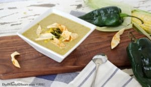This Roasted Poblano and Corn Chowder a great first course for Cinco de Mayo. Smokey heat with the sweet creaminess of fresh corn and served with toasted flour tortillas. Bonus the chowder is dairy free.