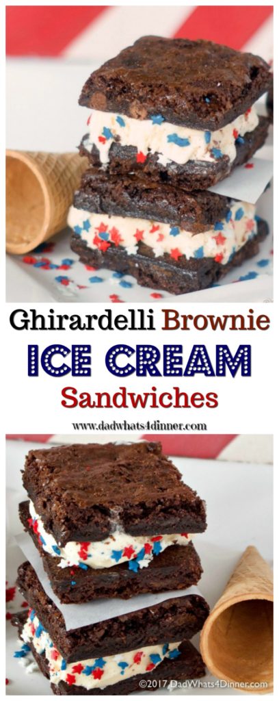 These Ghirardelli Brownie Ice Cream Sandwiches is the perfect treat for summer. Decadent triple chocolate brownies stuffed with cool vanilla ice cream! www.dadwhats4dinner.com