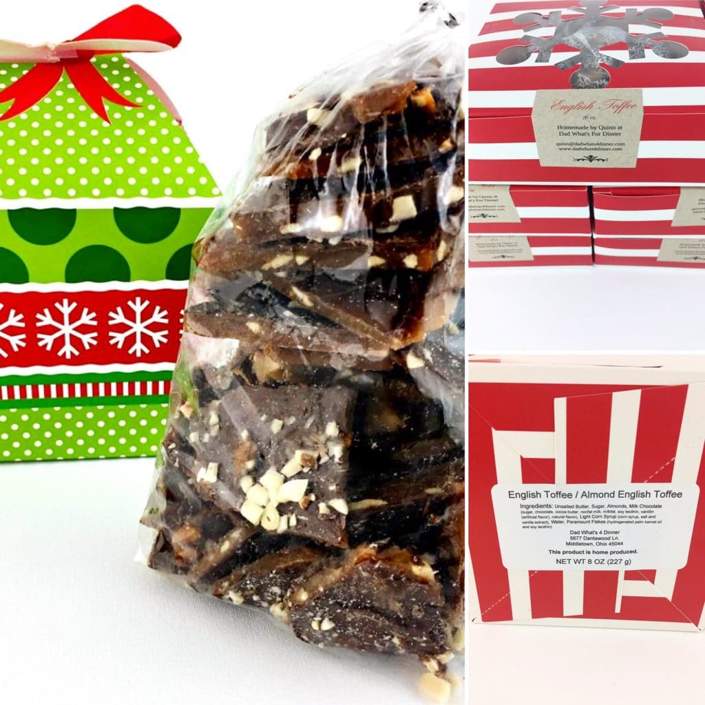 The Christmas Toffee Shop offers 1/2 and 1 lb. gift boxes of homemade toffee. Ohio only!!