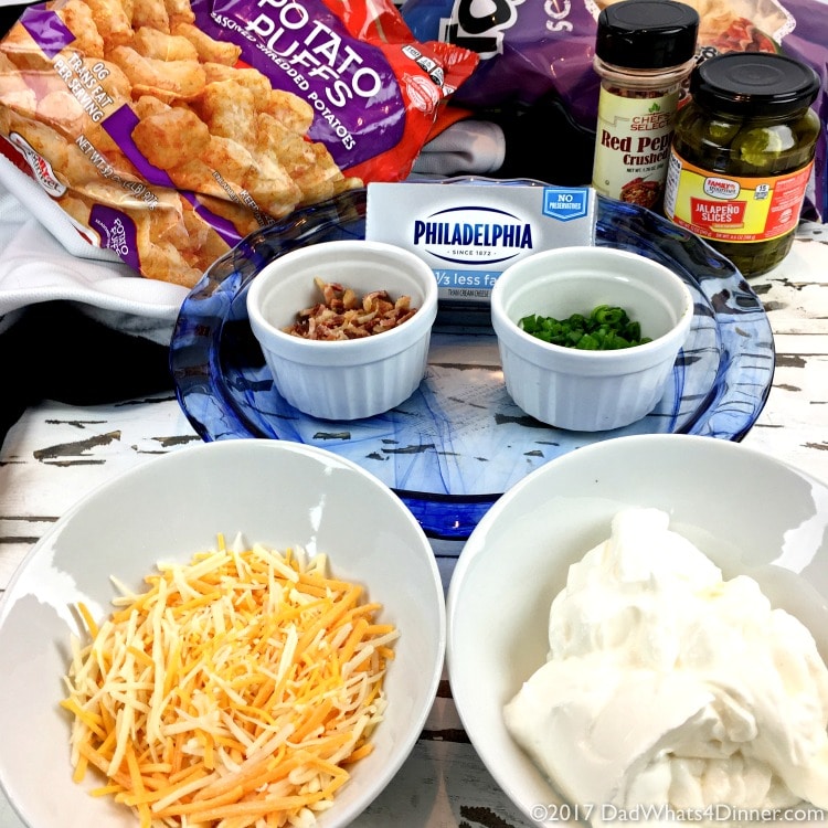 Ingredients to make Bubbly Baked Tater Tot Popper Dip 