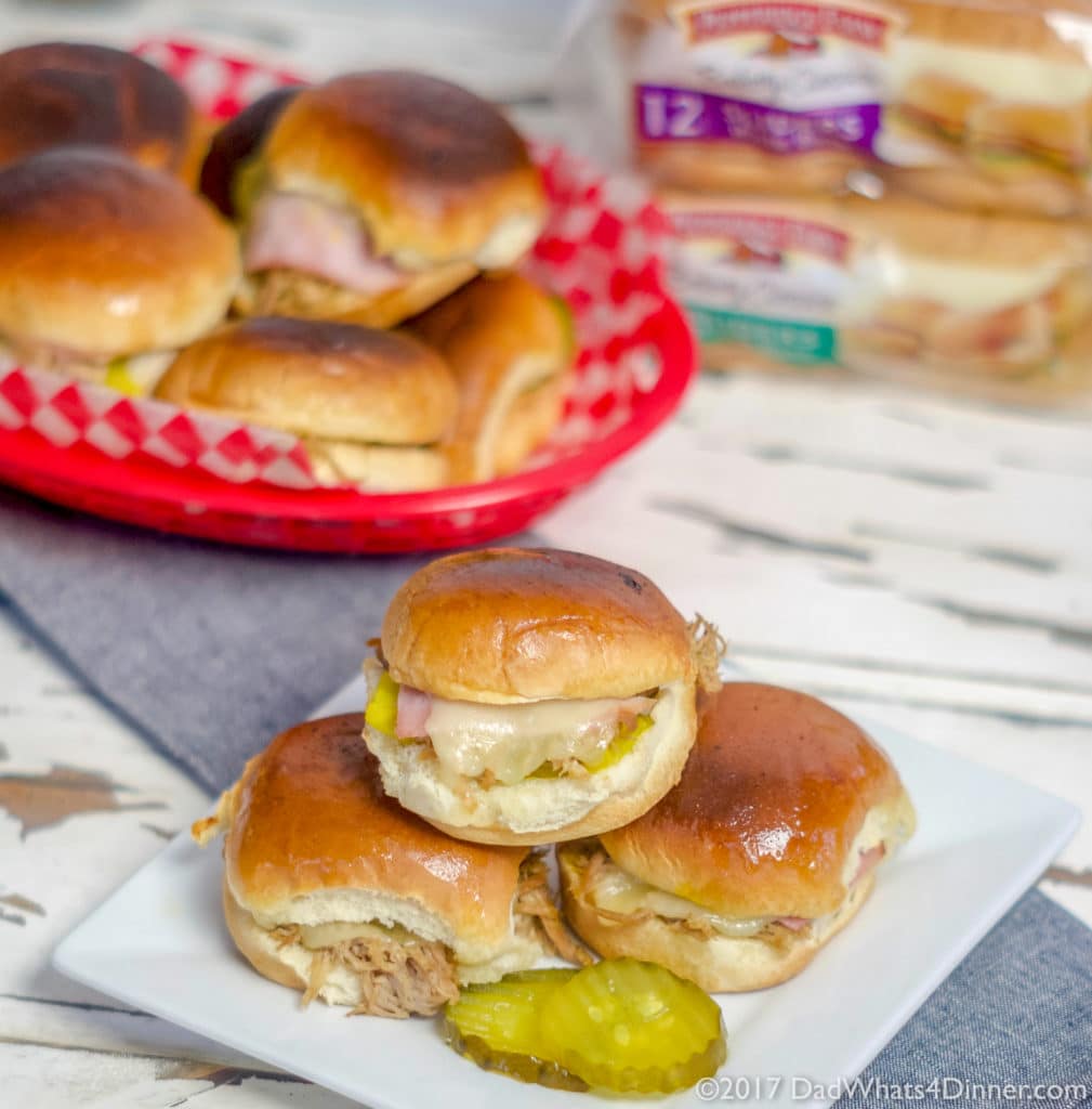 When you want a change from the ordinary hamburger slider, try these Instant Pot Cuban Sliders, sure to be a game day winner. All the flavor of a great Cuban including fall off the bone pork shoulder, ham, swiss cheese, pickles, mustard, on a Pepperidge Farm® soft slider bun. 