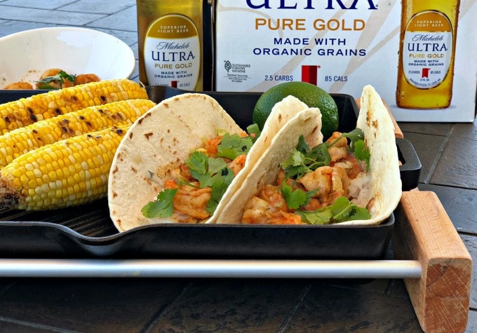 These healthy Grilled Chipotle Beer and Shrimp Tacos with avocado and rice are full of smokey spicy flavor and perfect for a light lunch when working outdoors in the summer.