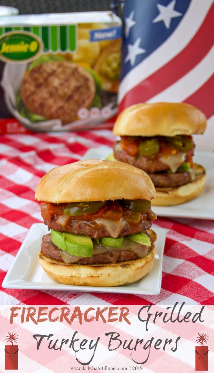 Its Hot Hot Hot and so are my Firecracker Grilled Turkey Burgers. This double-decker is stacked full of flavor with melted hot pepper jack cheese, stuffed with avocado, topped with salsa and jalapeños. Take a dip to put out the fire. www.dadwhats4dinner.com #ad @jennorecipes #SwitchCircle #JennieO #MakeTheSwitch #Grilled #turkey #grilling #4thofjuly #burgers #healthy #avocado